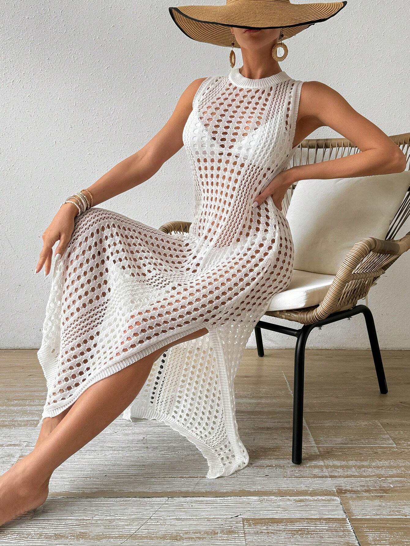  | SHEIN Swim Women's Plain Hollow Out Knitted Side Split See Through Cover-Up For Vacation | Lingerie | Shein | OneHub