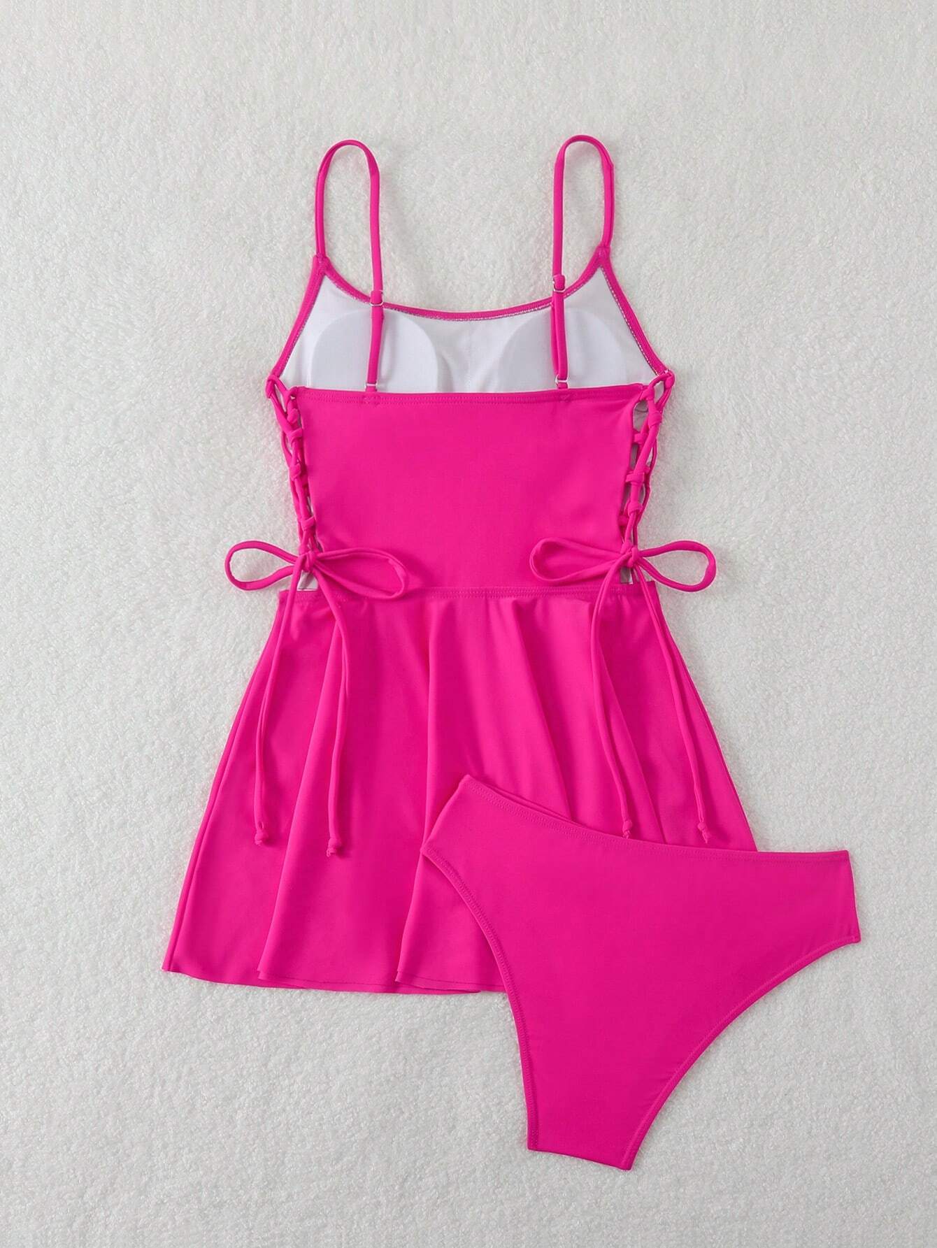 SHEIN Swim Women's Solid Color Side Tie Ruffle Hem Tankini Swimsuit Top Summer