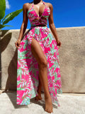 SHEIN Swim Women's Summer Beach Tropical Plant Printed Halter Neck Bikini Set With Cover Up Skirt And Shirt, Random Print