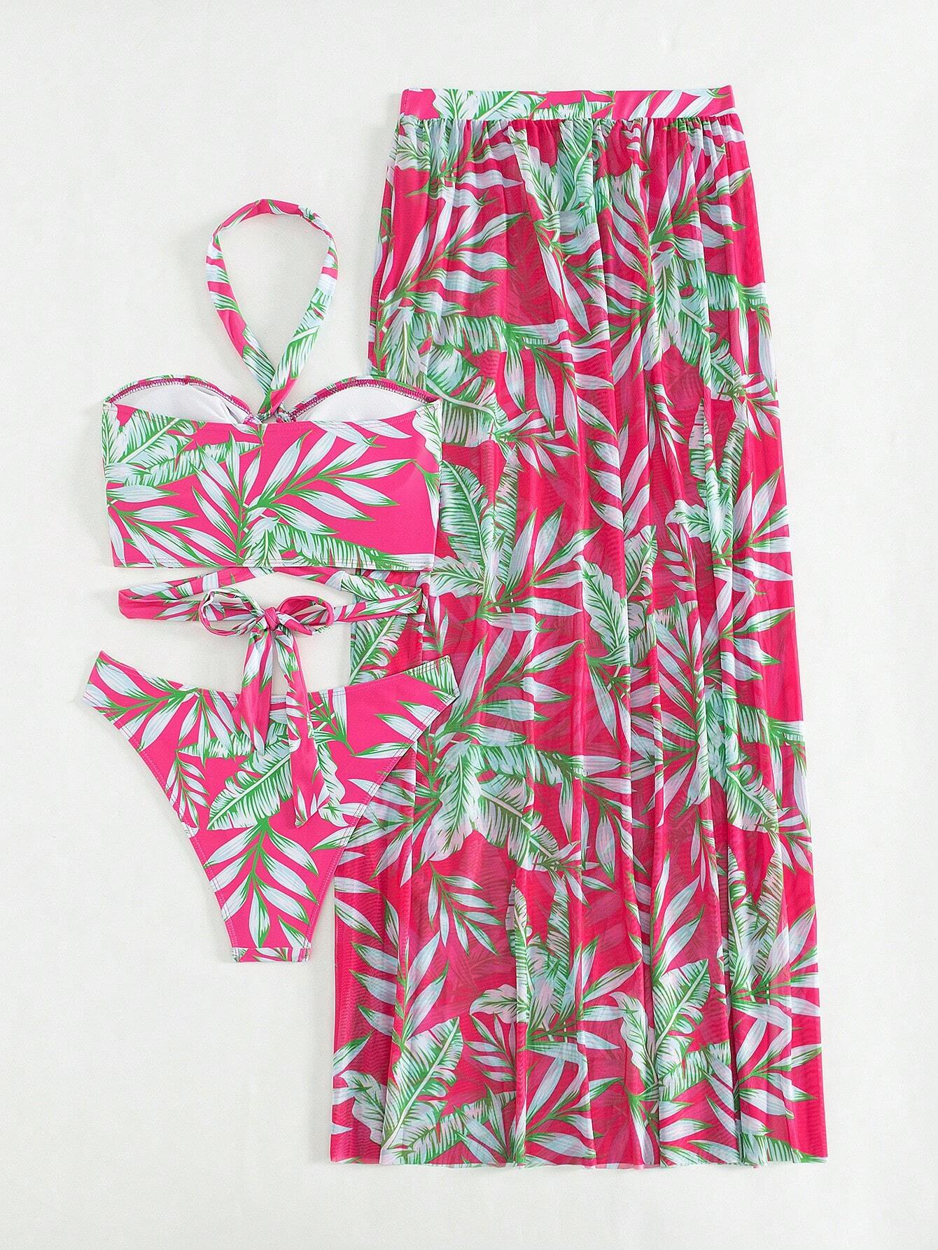  | SHEIN Swim Women's Summer Beach Tropical Plant Printed Halter Neck Bikini Set With Cover Up Skirt And Shirt, Random Print | Lingerie | Shein | OneHub