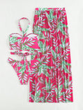  | SHEIN Swim Women's Summer Beach Tropical Plant Printed Halter Neck Bikini Set With Cover Up Skirt And Shirt, Random Print | Lingerie | Shein | OneHub