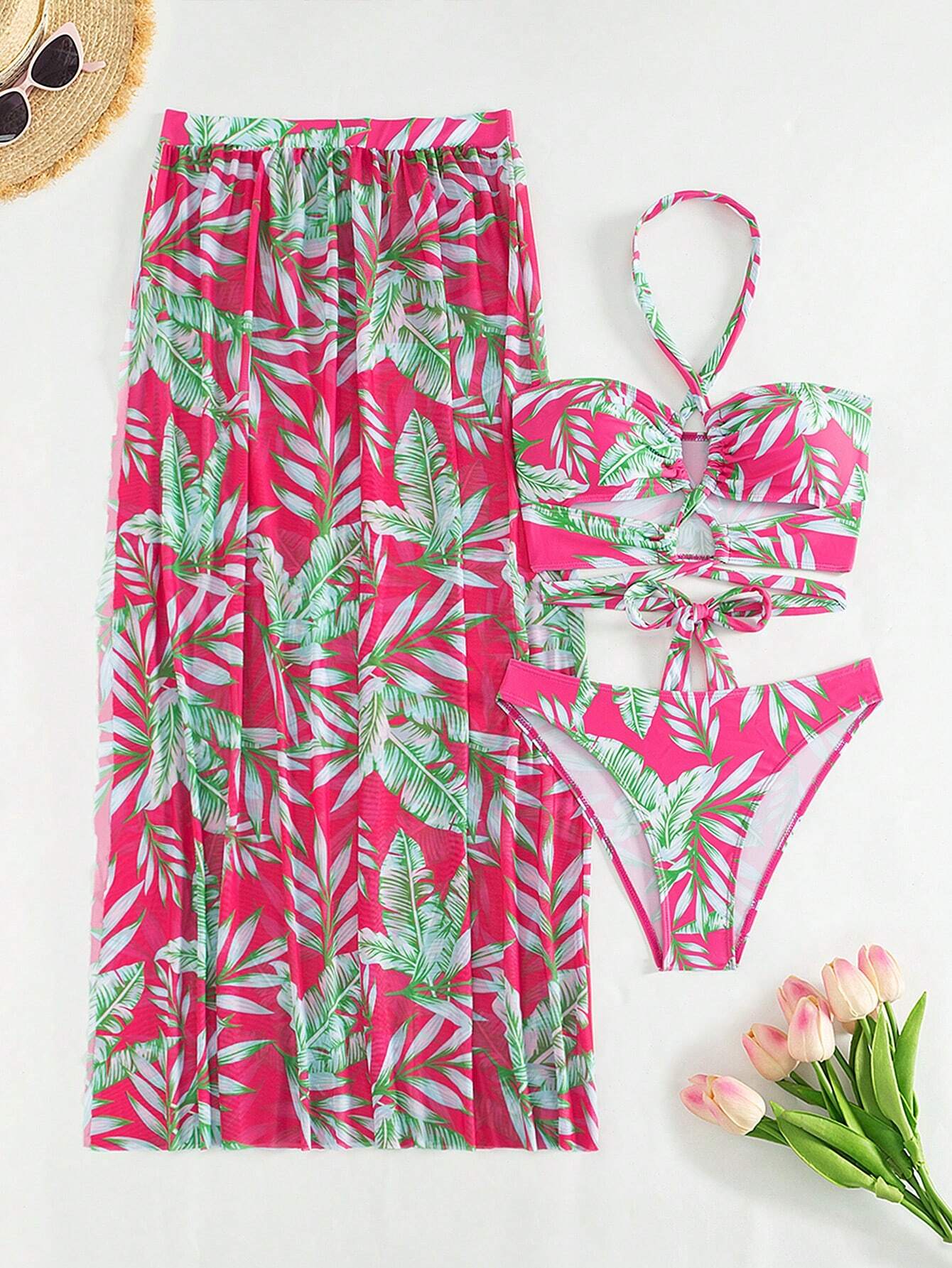  | SHEIN Swim Women's Summer Beach Tropical Plant Printed Halter Neck Bikini Set With Cover Up Skirt And Shirt, Random Print | Lingerie | Shein | OneHub