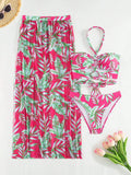  | SHEIN Swim Women's Summer Beach Tropical Plant Printed Halter Neck Bikini Set With Cover Up Skirt And Shirt, Random Print | Lingerie | Shein | OneHub