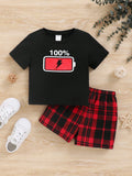 SHEIN Unisex Baby Fun Battery Pattern T-Shirt Top And Plaid Shorts Pajama Set, 2pcs