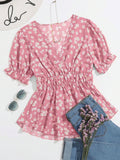 SHEIN VCAY Cinching Waist Daisy Print Short Sleeve Shirt For Summer Vacation