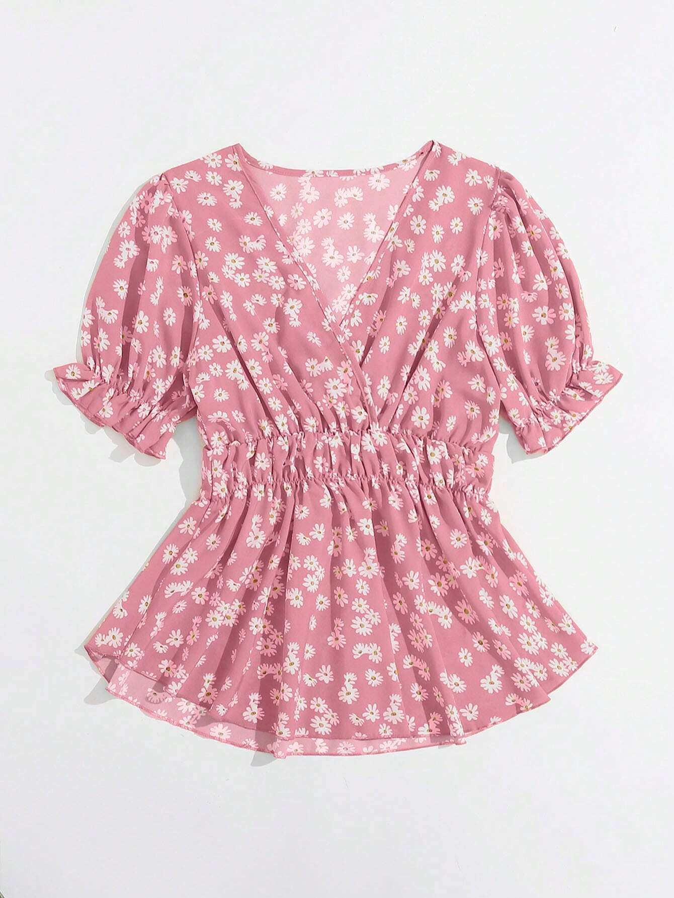  | SHEIN VCAY Cinching Waist Daisy Print Short Sleeve Shirt For Summer Vacation | Tee | Shein | OneHub