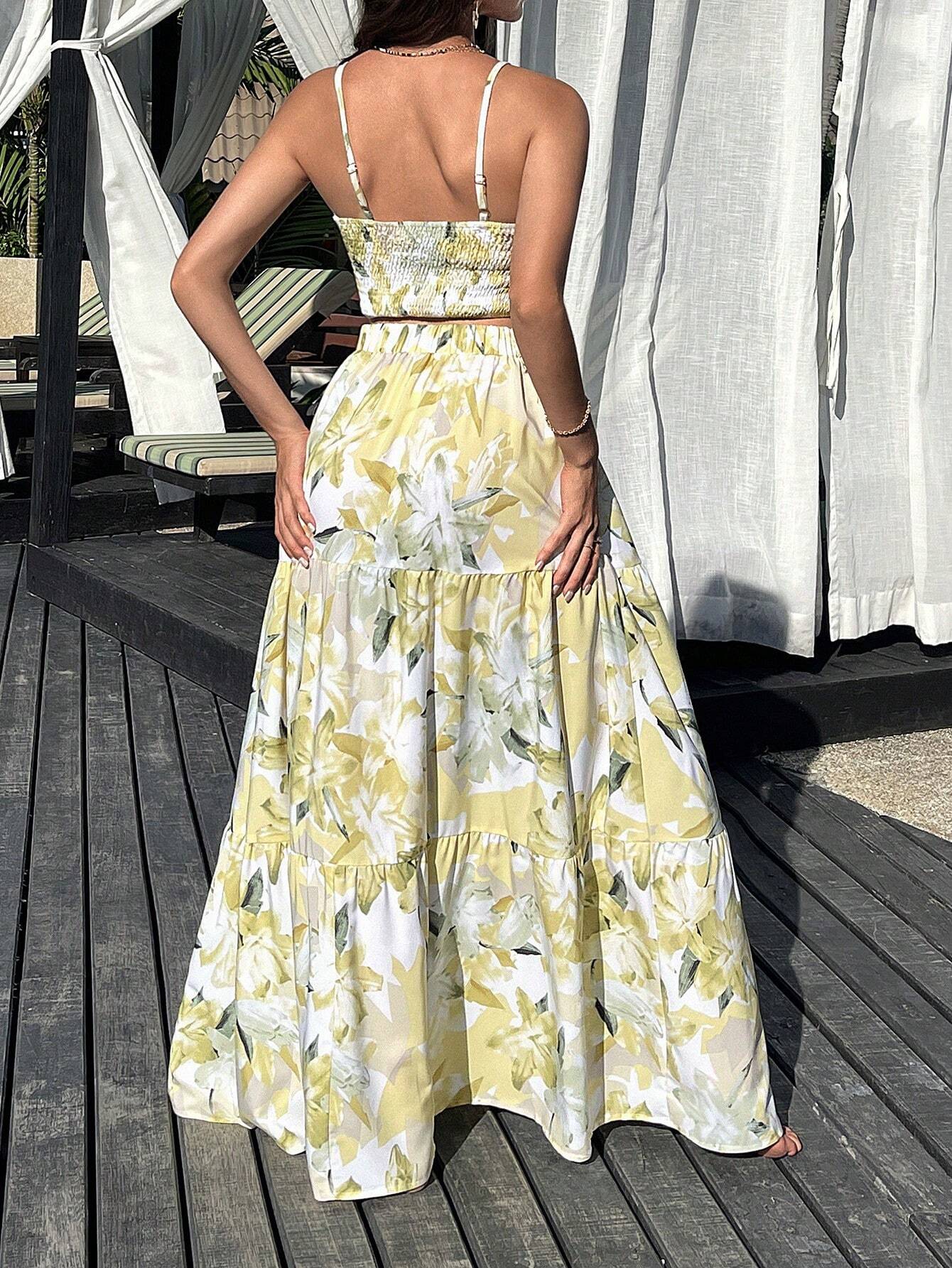  | SHEIN VCAY Floral Printed Spaghetti Strap Twist Front Sleeveless Top And Ruffled Hem Skirt 2 Pieces Set For Summer | Dress | OneHub | OneHub