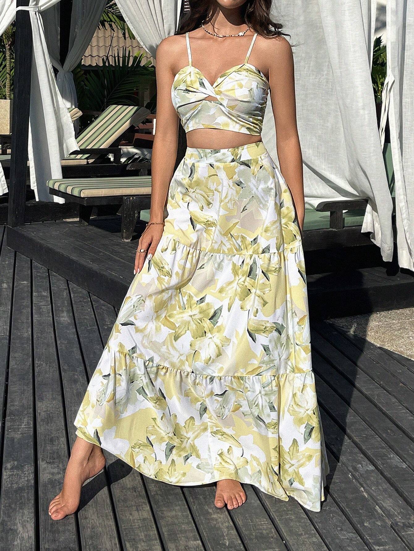  | SHEIN VCAY Floral Printed Spaghetti Strap Twist Front Sleeveless Top And Ruffled Hem Skirt 2 Pieces Set For Summer | Dress | OneHub | OneHub