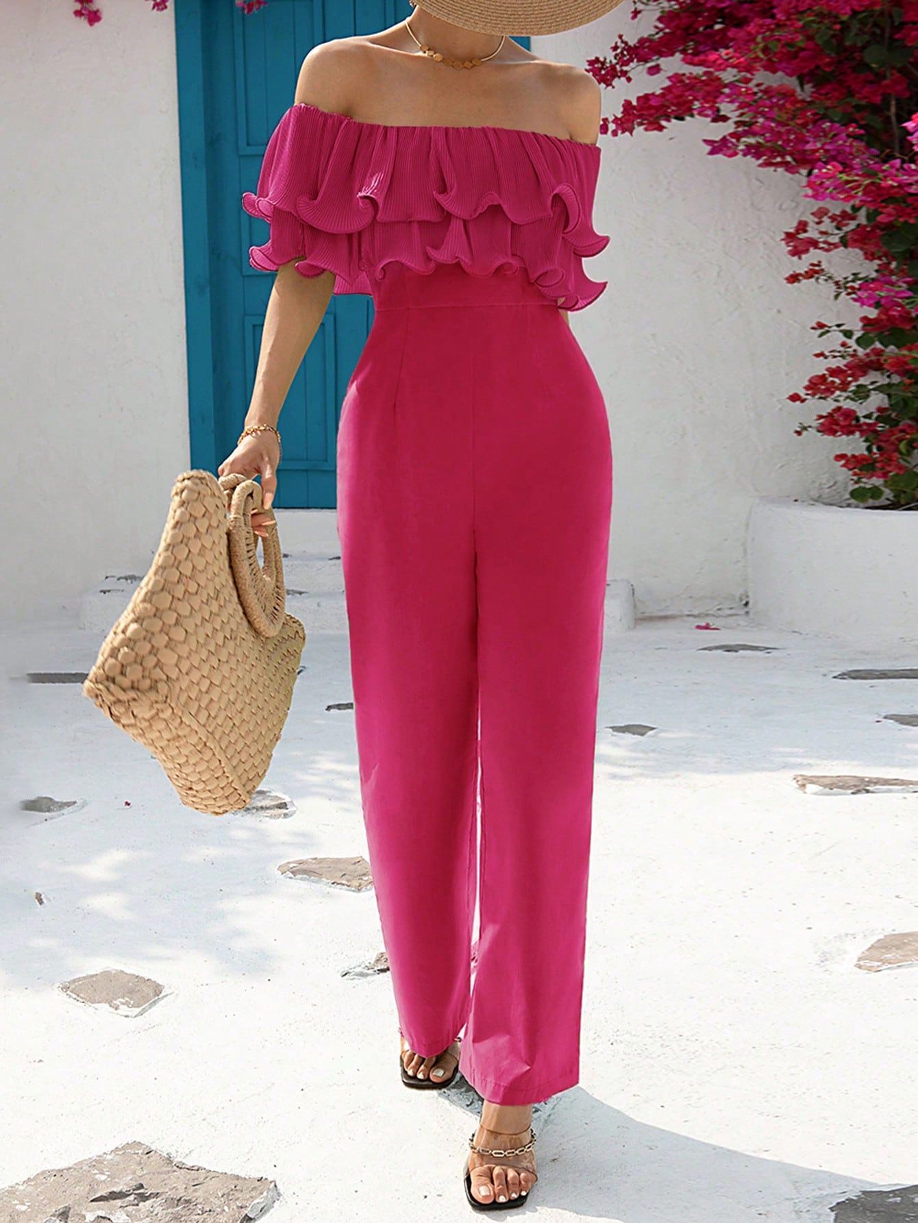  | SHEIN VCAY Off Shoulder Ruffle Trim Wide Leg Jumpsuit | Jumpsuit | Shein | OneHub