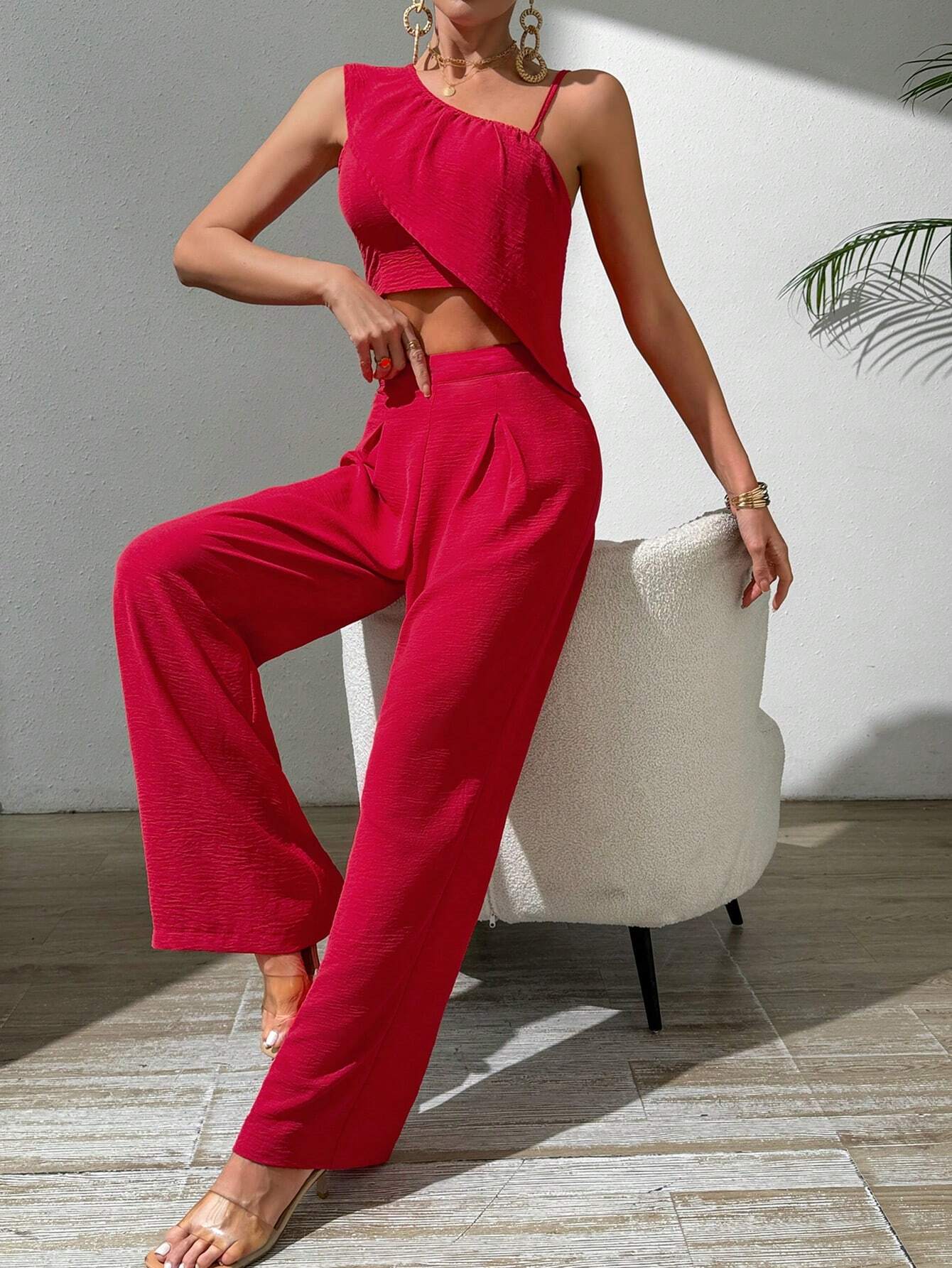  | SHEIN VCAY Red High Waist Irregular Shoulder Ruffle Trim Top And Wide Leg Pants Vacation Women's 2 Piece Set | Dress | OneHub | OneHub