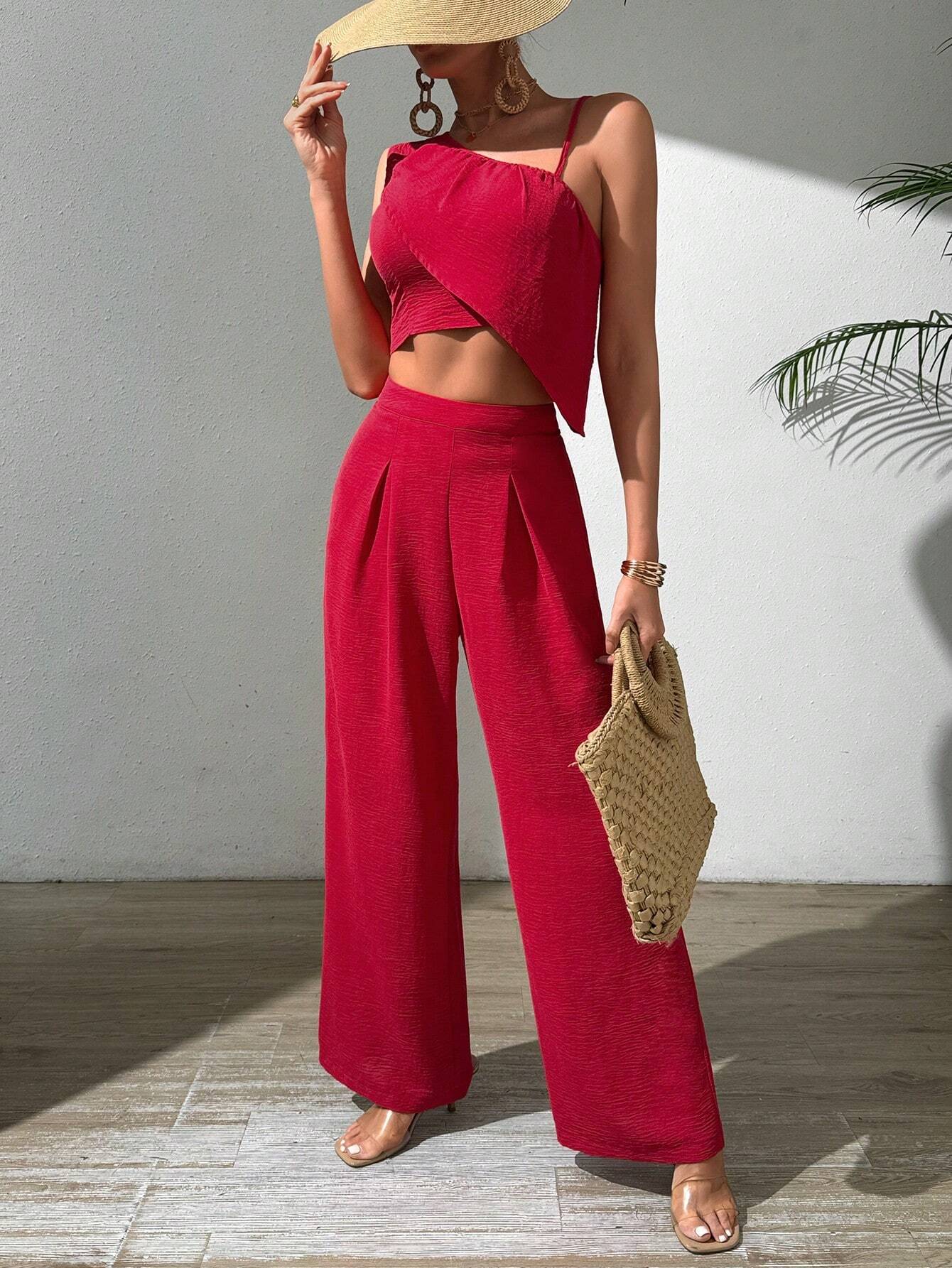  | SHEIN VCAY Red High Waist Irregular Shoulder Ruffle Trim Top And Wide Leg Pants Vacation Women's 2 Piece Set | Dress | OneHub | OneHub