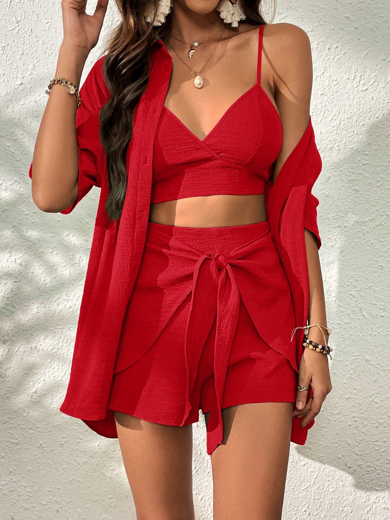  | SHEIN SHEIN VCAY Solid Cami Top & Shorts & Drop Shoulder Shirt | Top and Pant Set | Shein | OneHub