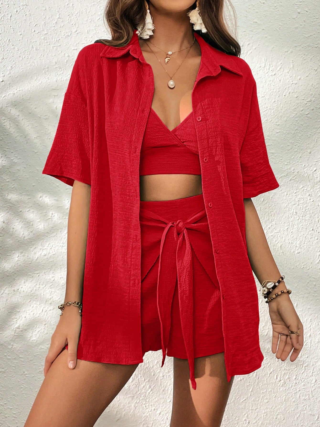  | SHEIN SHEIN VCAY Solid Cami Top & Shorts & Drop Shoulder Shirt | Top and Pant Set | Shein | OneHub