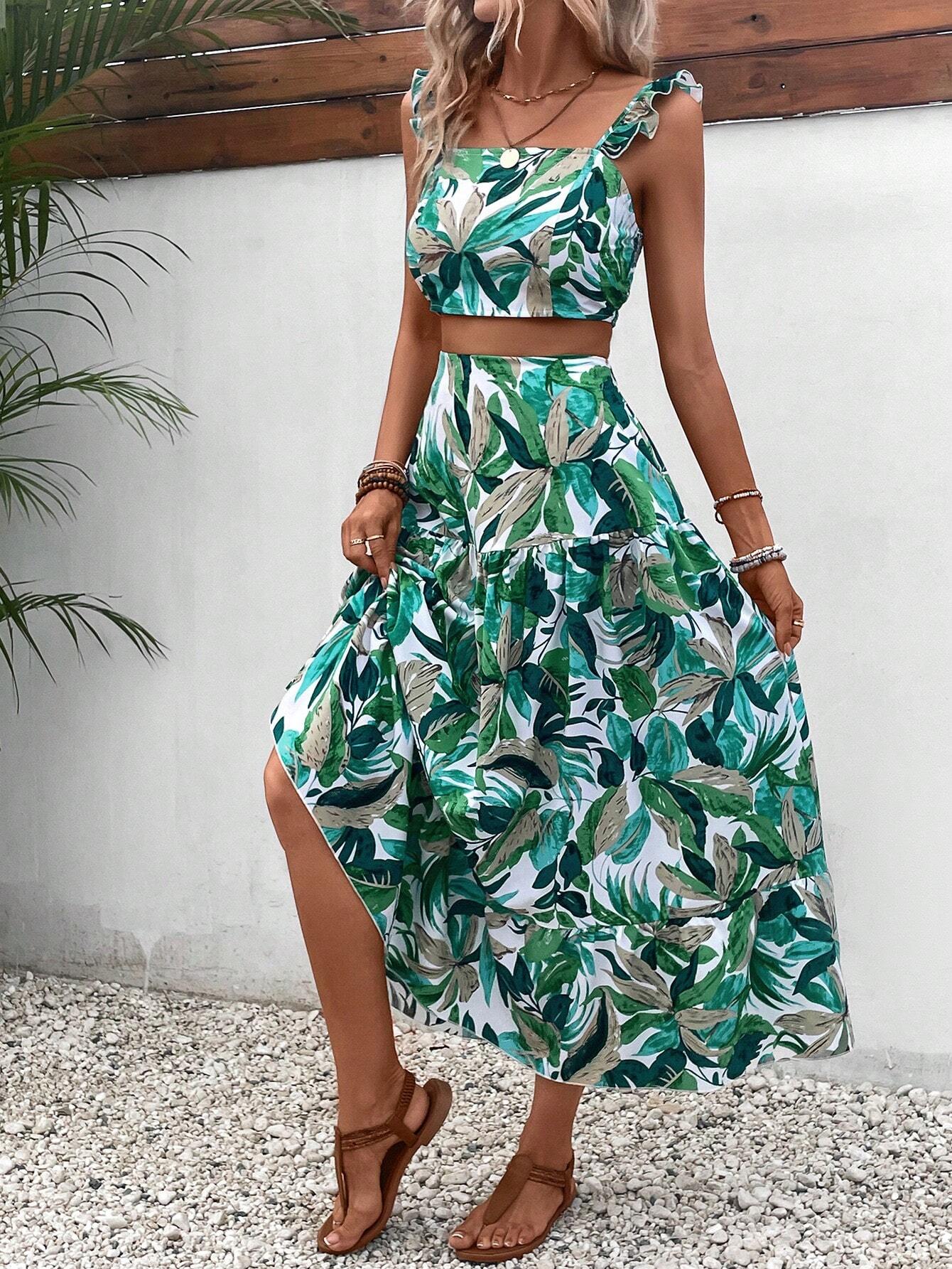  | SHEIN VCAY Tropical Print Ruffle Trim Top & Skirt | Top and Pant Set | Shein | OneHub