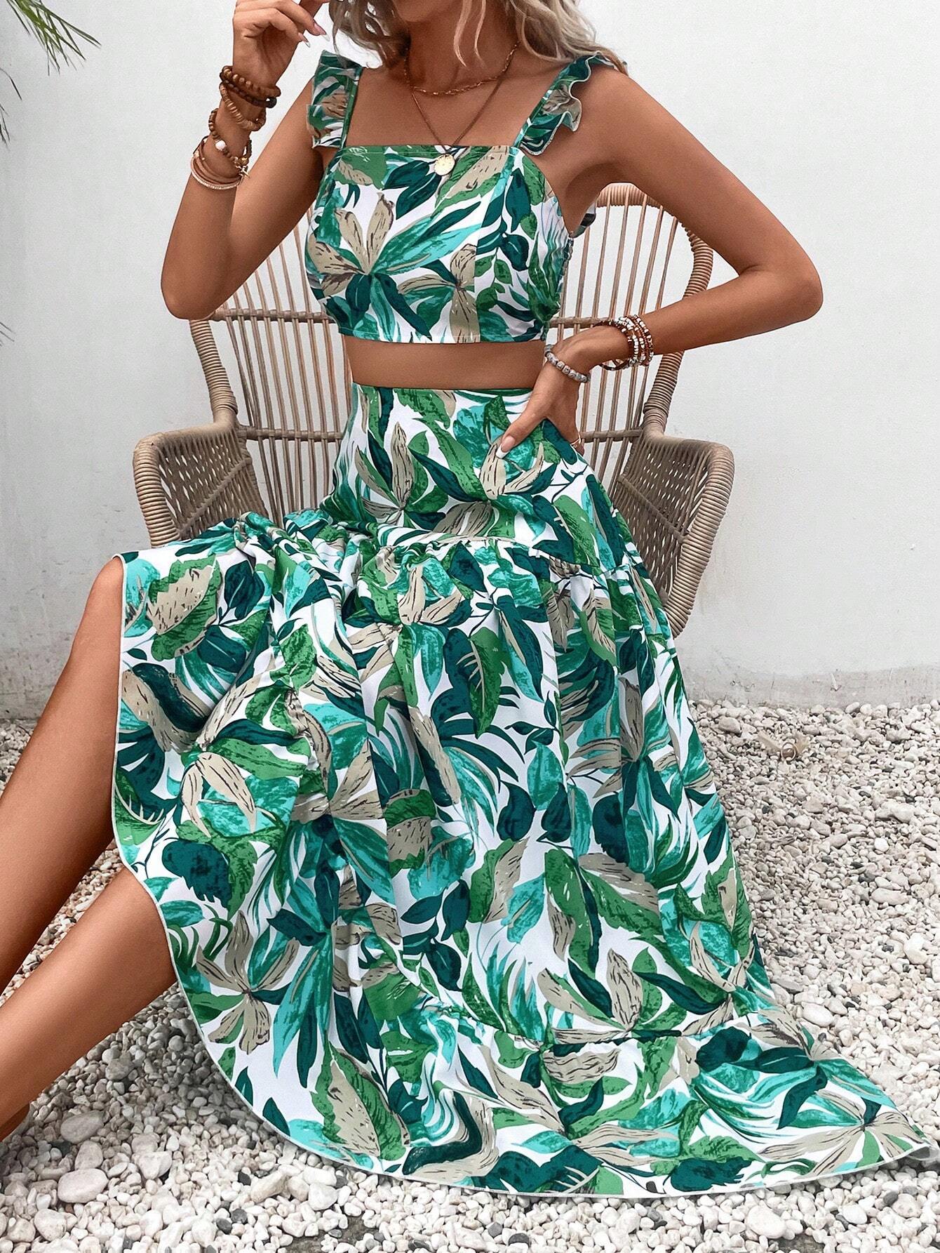  | SHEIN VCAY Tropical Print Ruffle Trim Top & Skirt | Top and Pant Set | Shein | OneHub