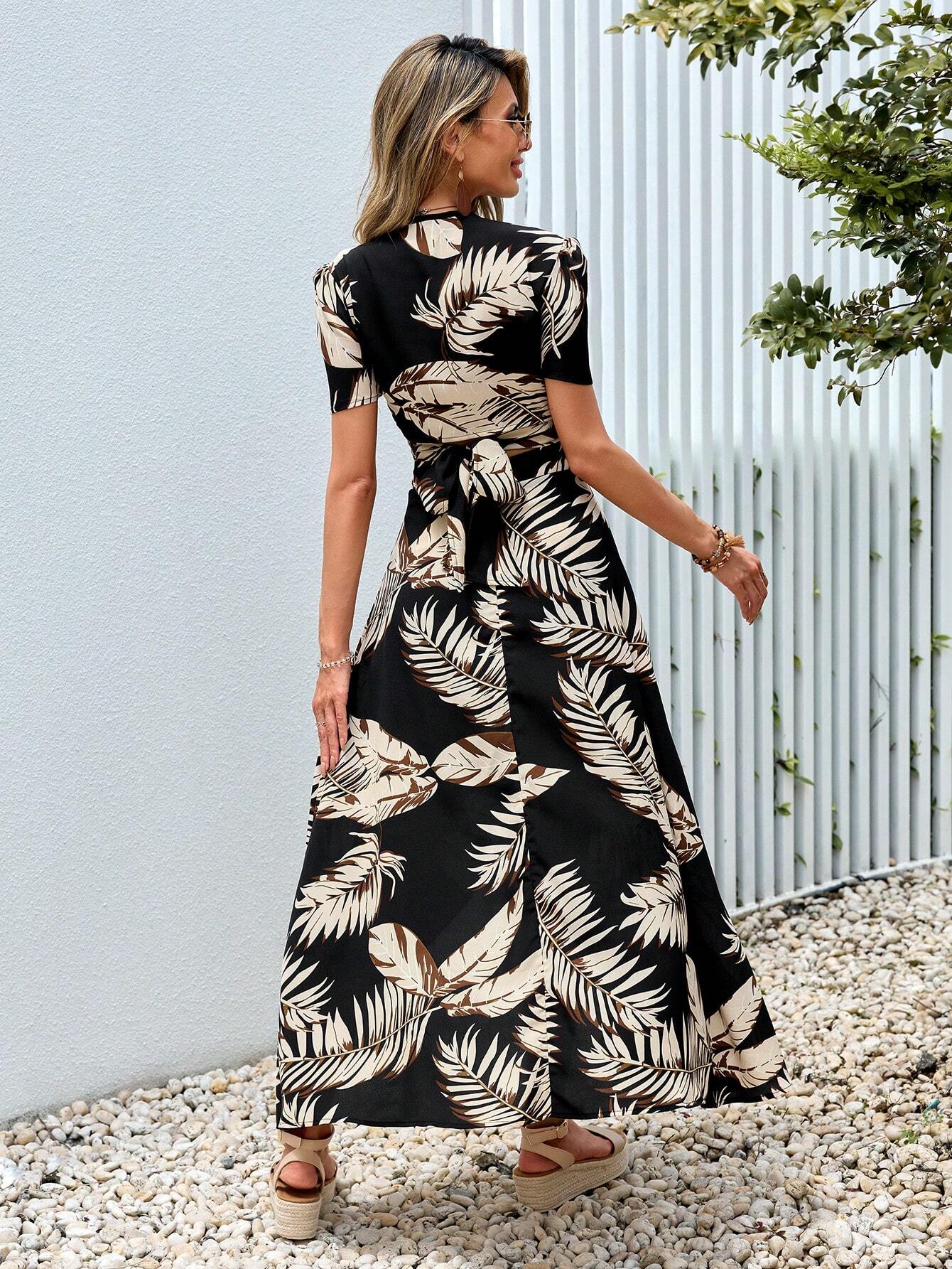  | SHEIN VCAY Tropical Print Tie Back Crop Top & Split Thigh Skirt | Top and Pant Set | Shein | OneHub