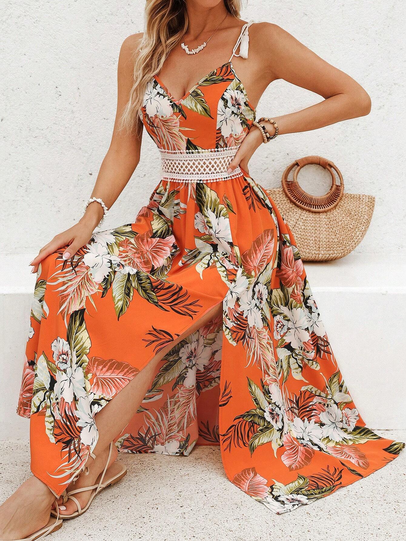  | SHEIN VCAY Women's Lace Patchwork Flower Summer Long Beach Dress For Vacation | Top and Pant Set | Shein | OneHub