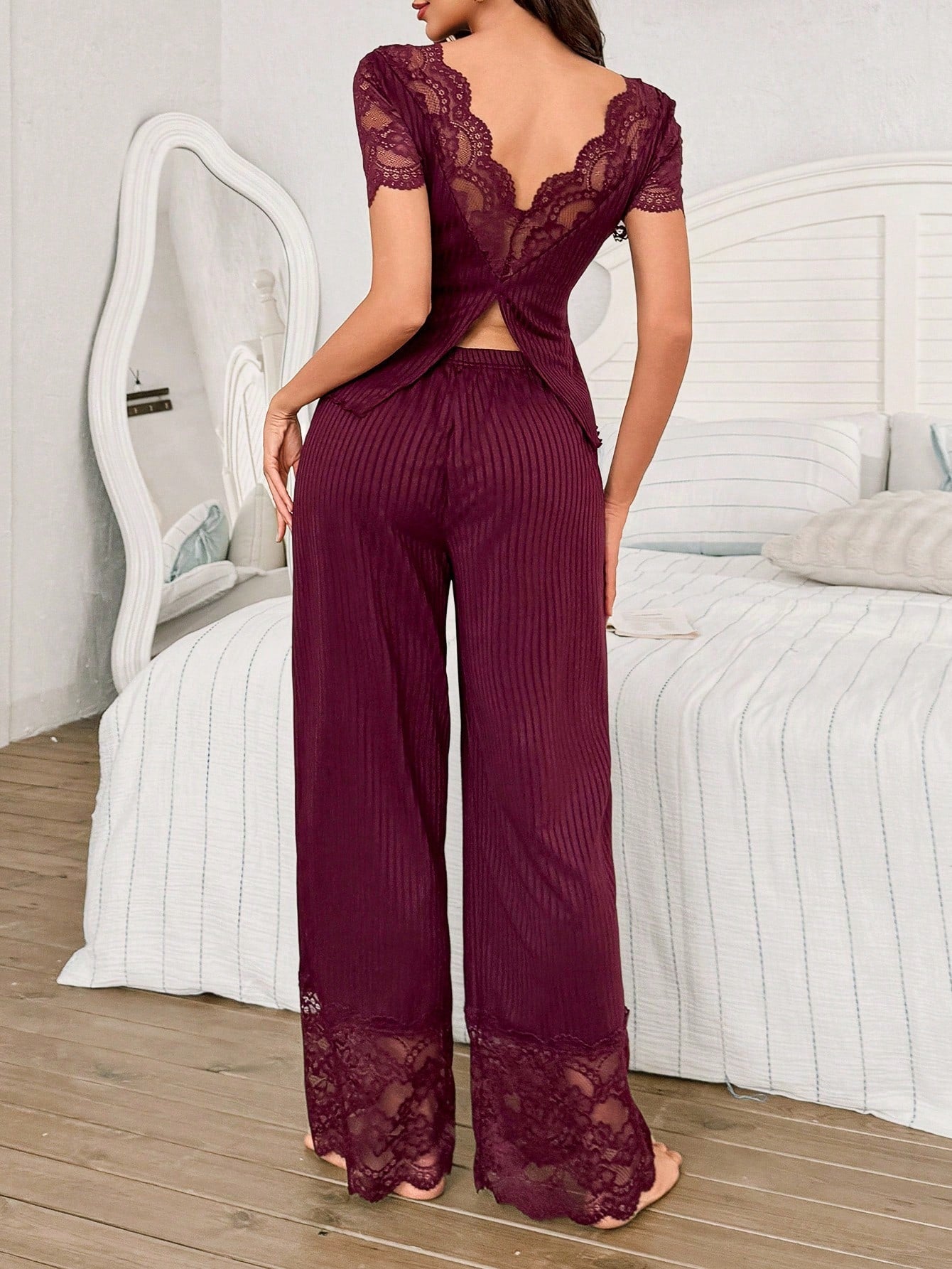SHEIN V Neck Plain Pant Pajama Set With Contrast Lace Lace Trim Pajama Set 2 Pieces Pajama Set Women Pajama Set Ribbed Pajama Set Night Gown Set