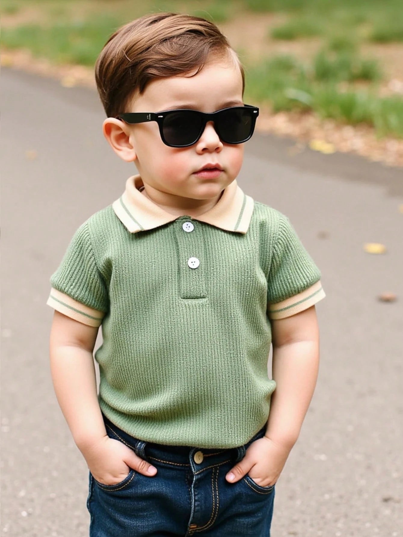 SHEIN Vintaside Kids Baby Boy Classic Green Waffle Fabric Apricot Polo Shirt