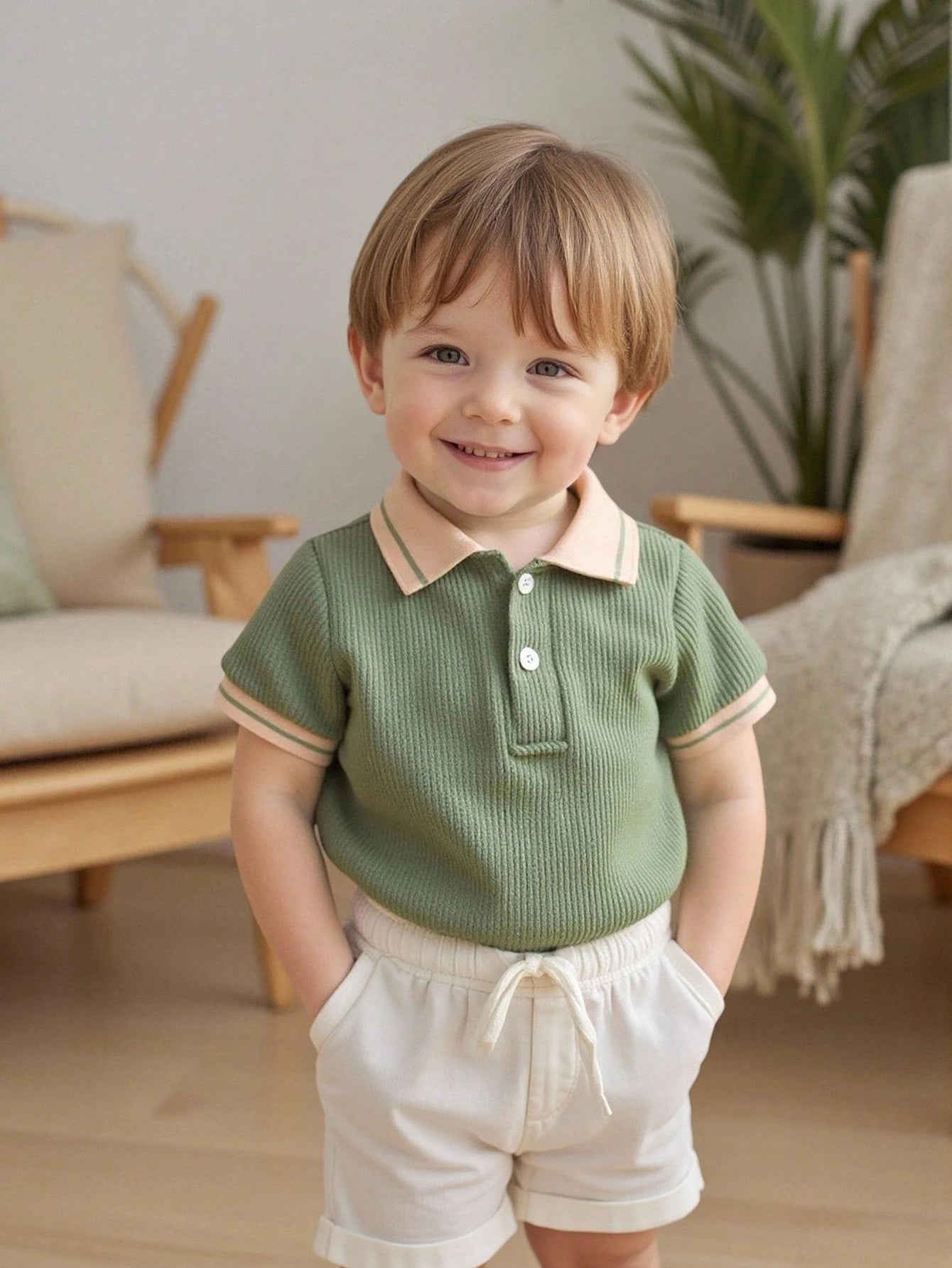SHEIN Vintaside Kids Baby Boy Classic Green Waffle Fabric Apricot Polo Shirt