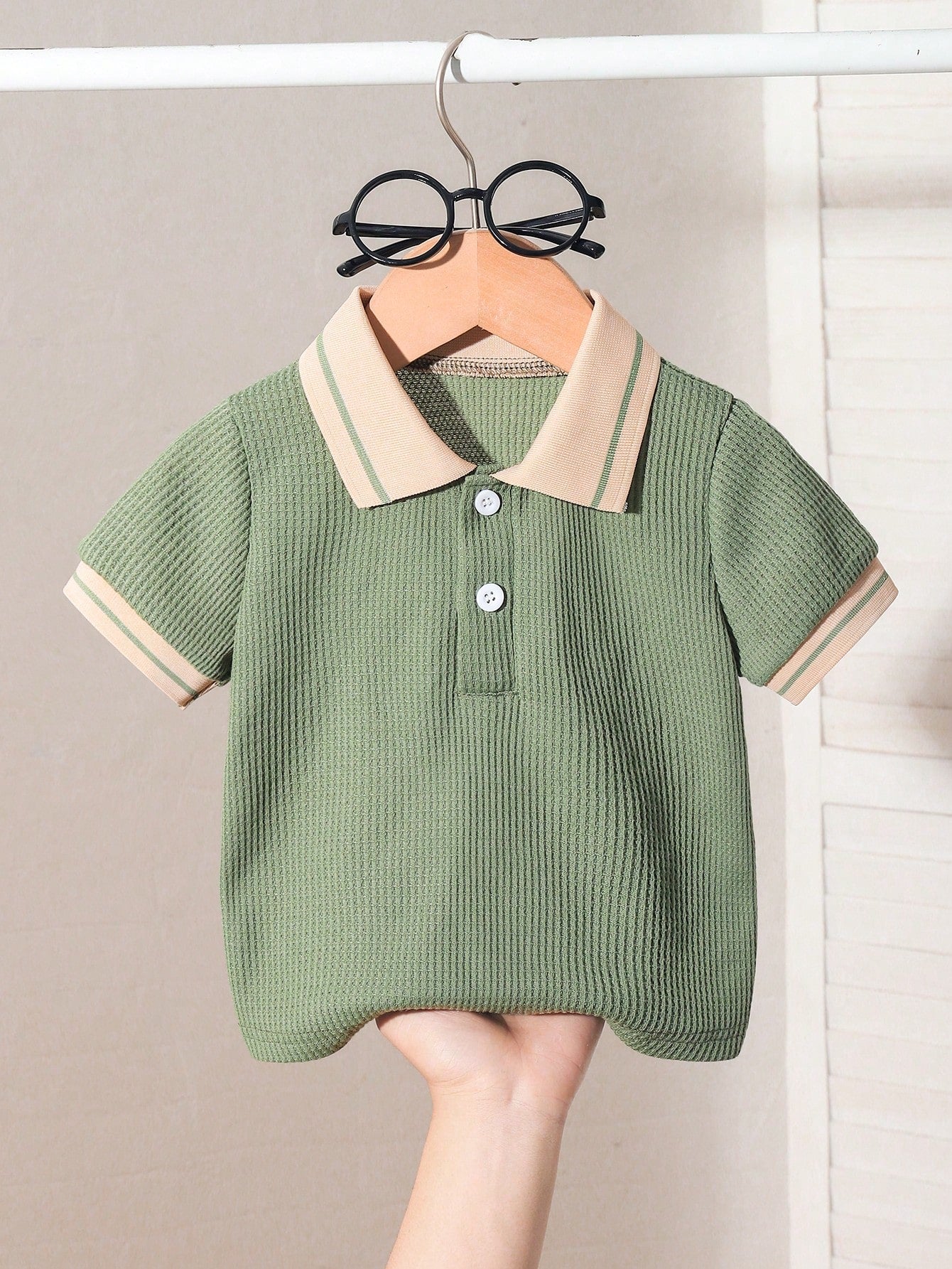 SHEIN Vintaside Kids Baby Boy Classic Green Waffle Fabric Apricot Polo Shirt