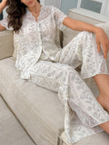 SHEIN Wisteria Floral Lace Patchwork Semi-Sheer Shoulder Off Short Sleeve Pajama Set, Vacation