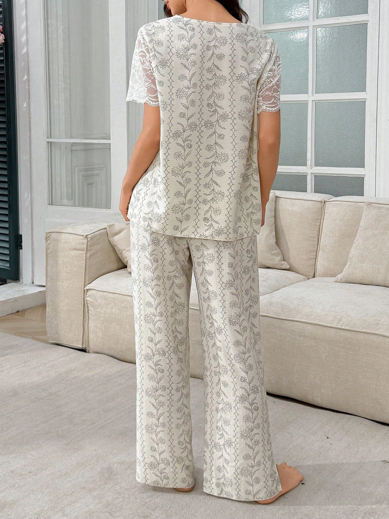  | SHEIN Wisteria Floral Lace Patchwork Semi-Sheer Shoulder Off Short Sleeve Pajama Set, Vacation | Night Dress | Shein | OneHub