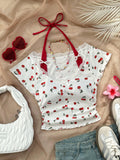 SHEIN Women's Vintage Red & White Cherry Print Lace Collar Patchwork Contrast Color Halter T-Shirt, Cute Bow Decor 2 In 1 Ballet Style Cute Lunch Casual Back To School Summer Top