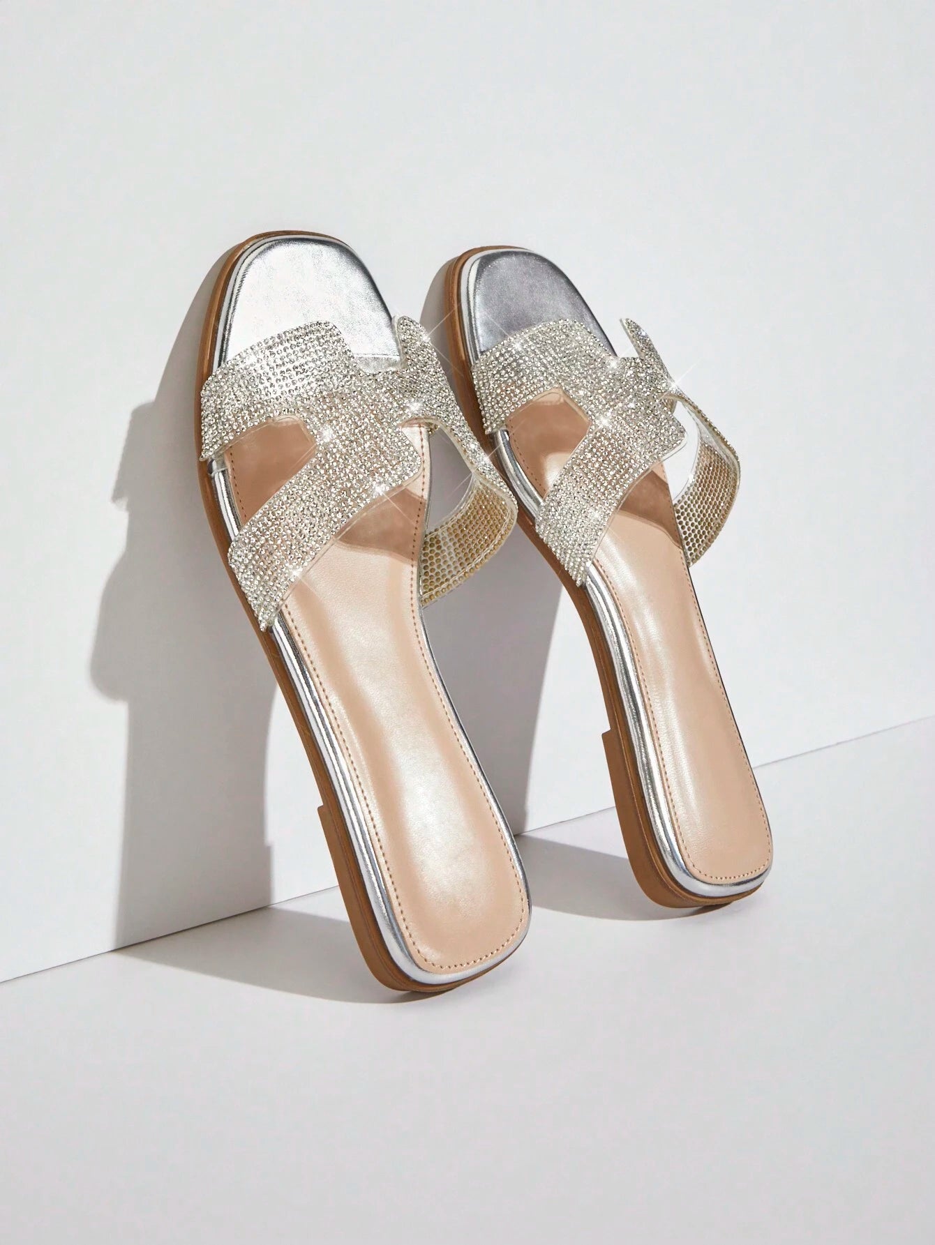  | SHEIN SHUZIA Women's Luxe-Inspired Rhinestone Harness Cutout Open Toe Rhinestone Silver Slides – Dazzling | Sandal | Shein | OneHub