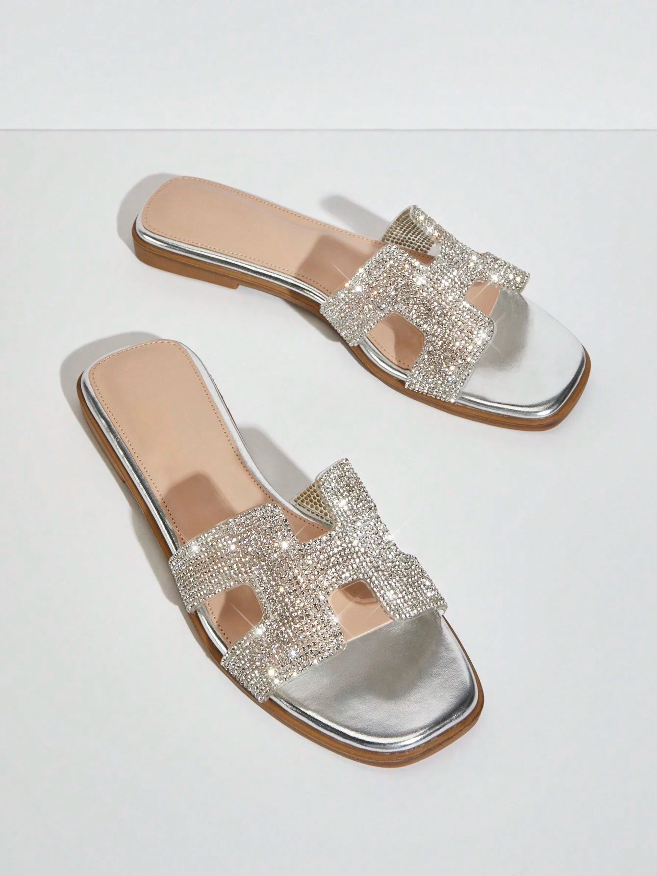  | SHEIN SHUZIA Women's Luxe-Inspired Rhinestone Harness Cutout Open Toe Rhinestone Silver Slides – Dazzling | Sandal | Shein | OneHub