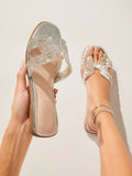  | SHEIN SHUZIA Women's Luxe-Inspired Rhinestone Harness Cutout Open Toe Rhinestone Silver Slides – Dazzling | Sandal | Shein | OneHub