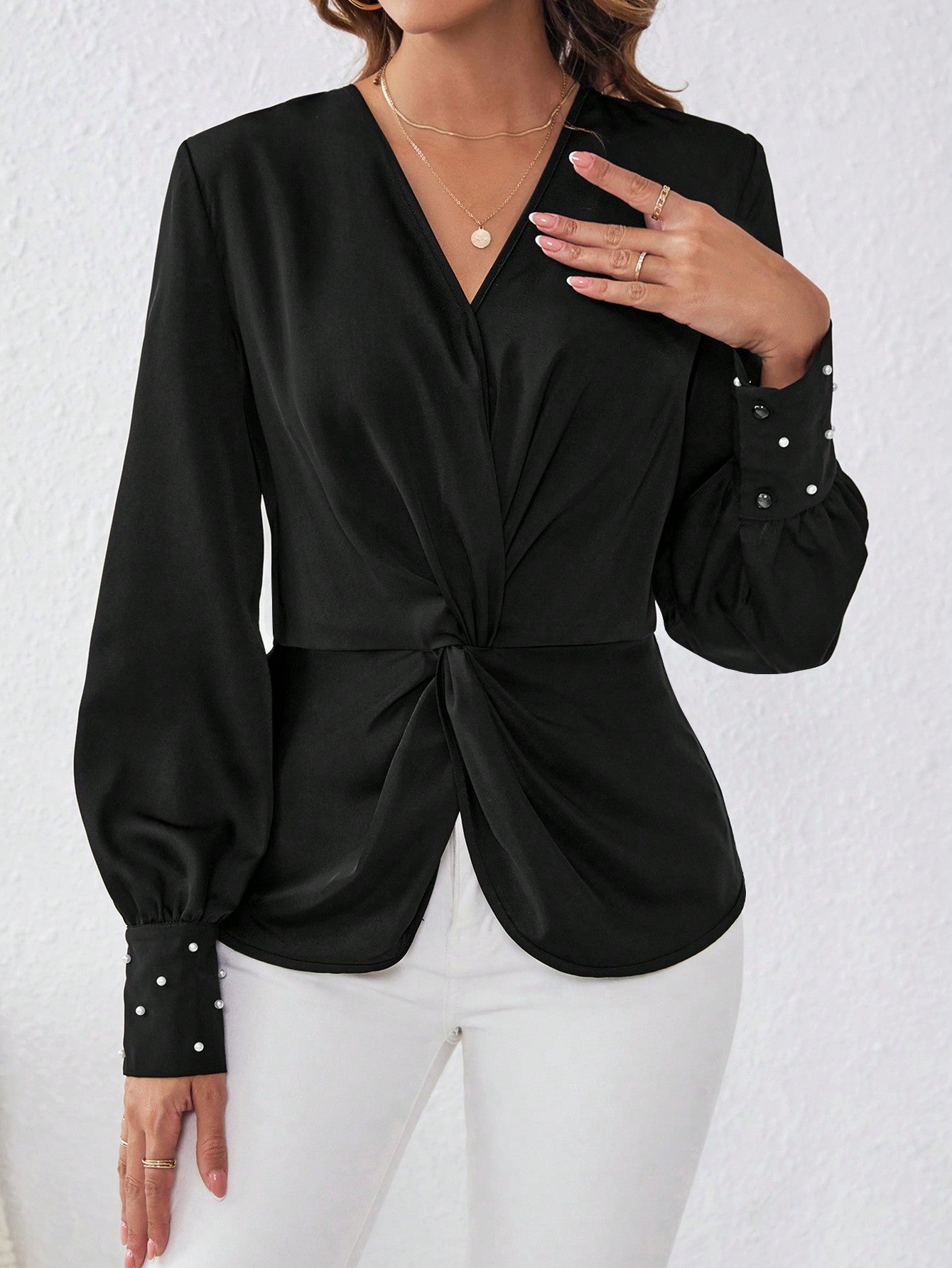  | SHEIN Satin Fabric Shirt With Front Knot And Cufflinks Detailed Sleeves | Blouse | Shein | OneHub