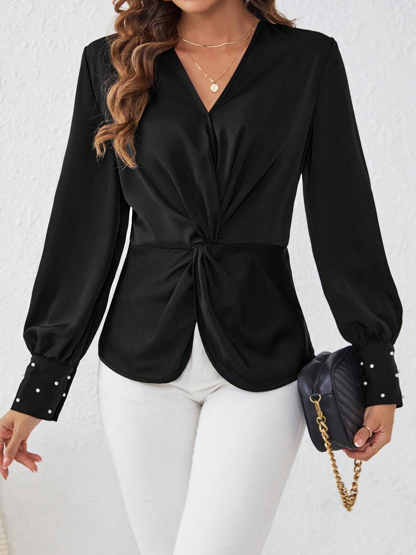  | SHEIN Satin Fabric Shirt With Front Knot And Cufflinks Detailed Sleeves | Blouse | Shein | OneHub