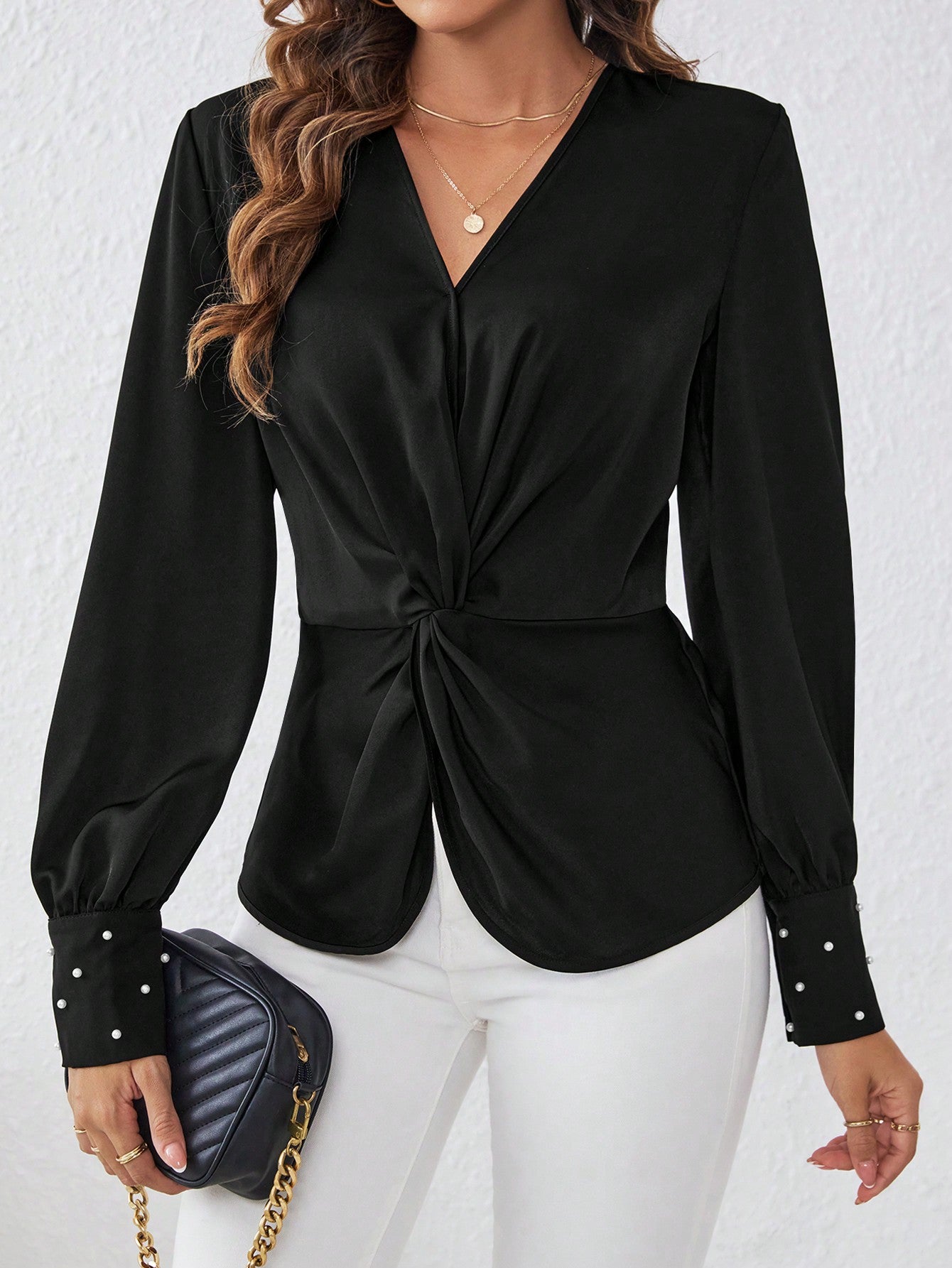  | SHEIN Satin Fabric Shirt With Front Knot And Cufflinks Detailed Sleeves | Blouse | Shein | OneHub