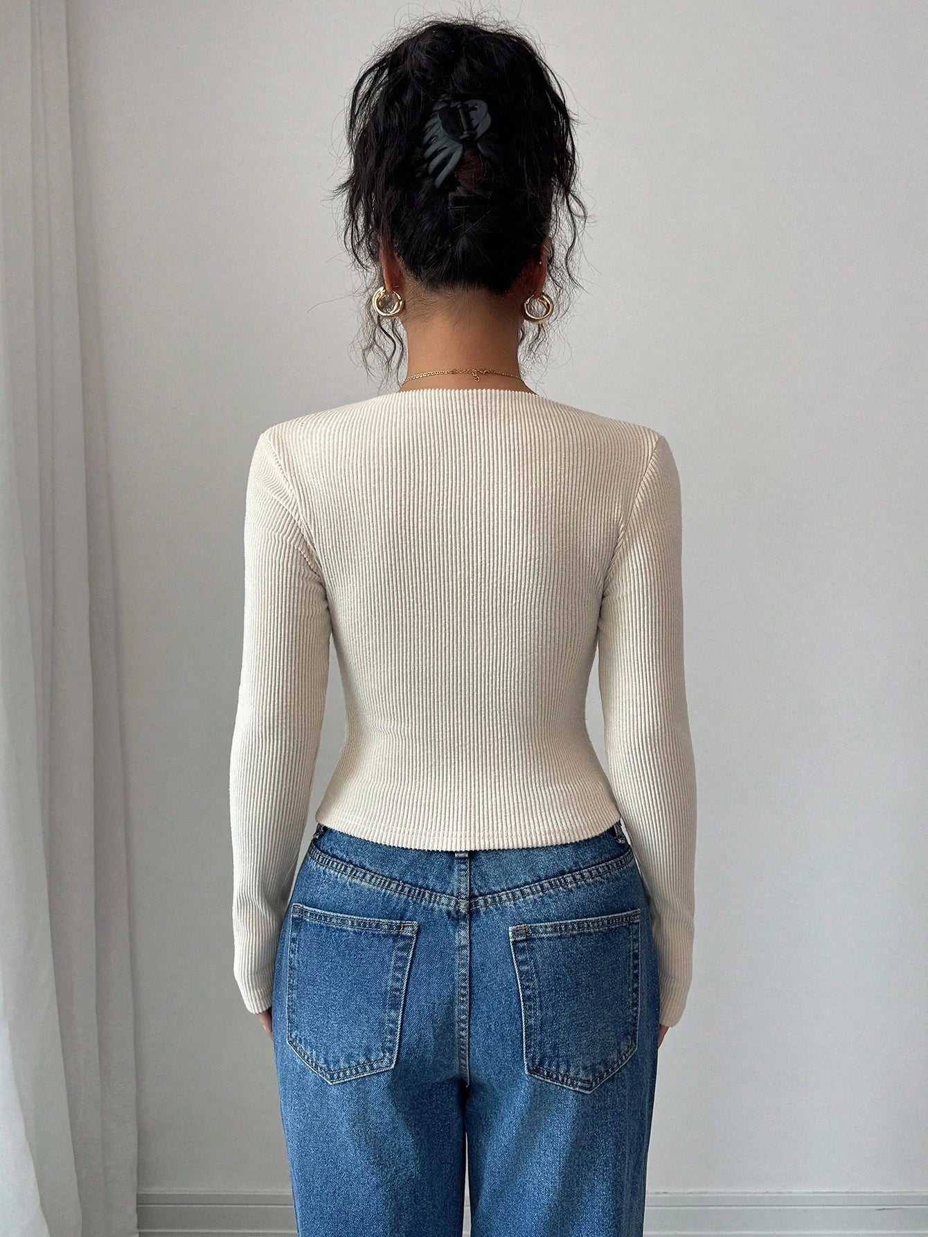 SHEIN Selianne Autumn/Winter New Solid Color Brushed Ribbed Oblique Collar Pleated Long Sleeve T-Shirt, Slim Fit Casual Top Fall Cloth For Women