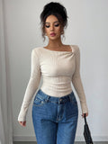 SHEIN Selianne Autumn/Winter New Solid Color Brushed Ribbed Oblique Collar Pleated Long Sleeve T-Shirt, Slim Fit Casual Top Fall Cloth For Women