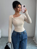 SHEIN Selianne Autumn/Winter New Solid Color Brushed Ribbed Oblique Collar Pleated Long Sleeve T-Shirt, Slim Fit Casual Top Fall Cloth For Women