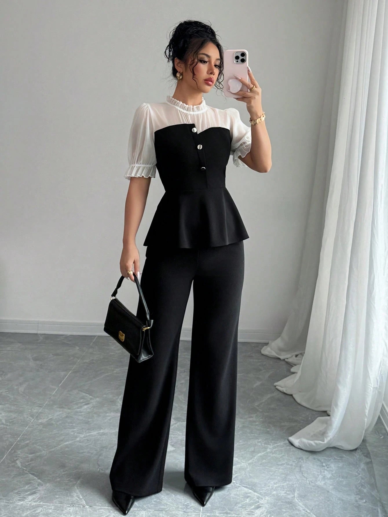 SHEIN Selianne Chiffon Patchwork Shirt & Flare Leg Pants 2 Pieces Set