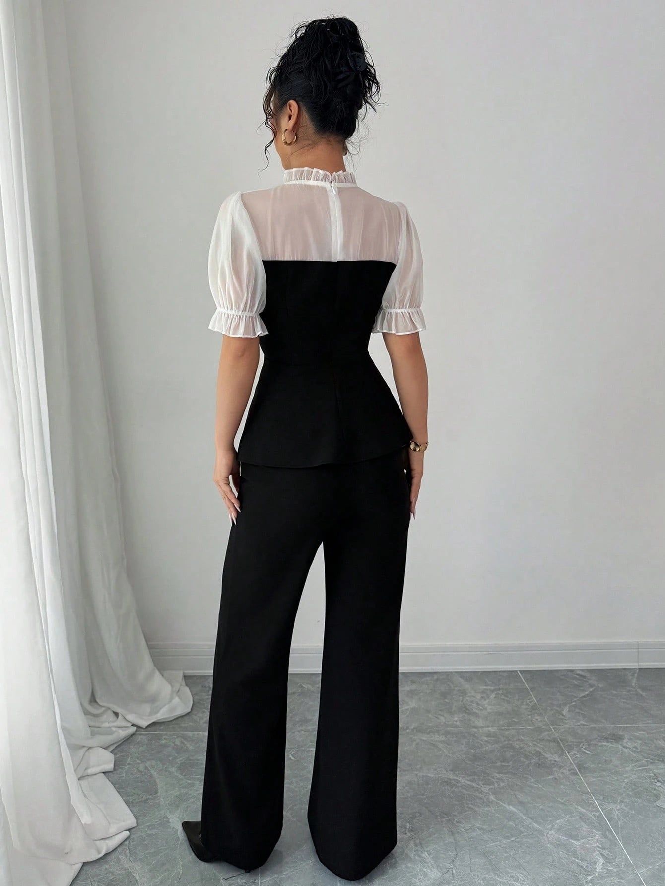 SHEIN Selianne Chiffon Patchwork Shirt & Flare Leg Pants 2 Pieces Set