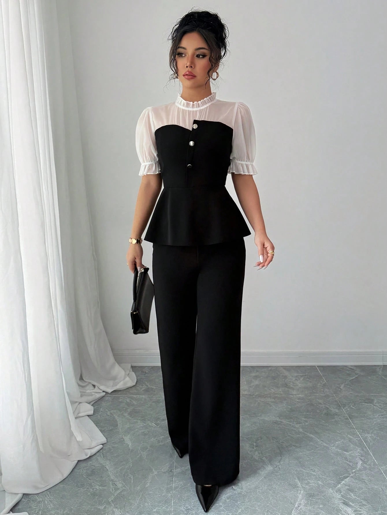 SHEIN Selianne Chiffon Patchwork Shirt & Flare Leg Pants 2 Pieces Set