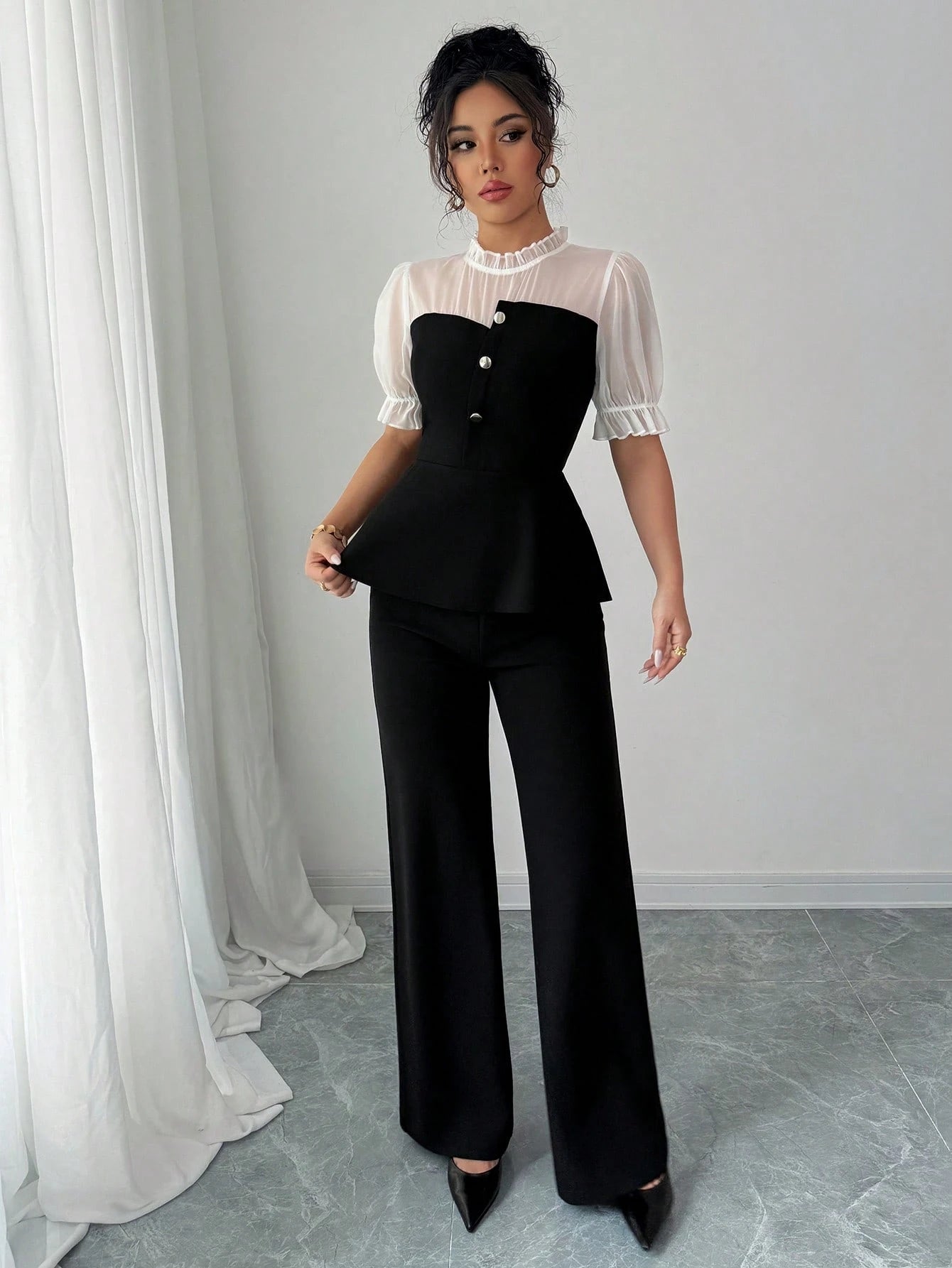 SHEIN Selianne Chiffon Patchwork Shirt & Flare Leg Pants 2 Pieces Set