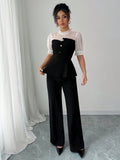 SHEIN Selianne Chiffon Patchwork Shirt & Flare Leg Pants 2 Pieces Set