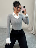  | SHEIN Selianne College Style Polo Collar Splice 2 In 1 Long Sleeve T-Shirt, Women's Slim Fit Pullover Top, Autumn/Winter New Arrivals For Spring Outfit Fall Cloth For Women | Top | Shein | OneHub