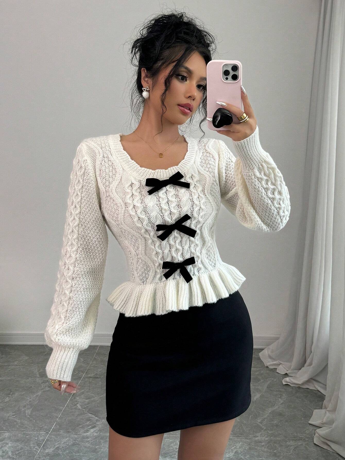 SHEIN Selianne New Arrival Round Neck Long Sleeve Bow Decor Casual Chic Pullover Sweater For Women,Long Sleeve Tops Knit Pullover Fall Winter Outfit