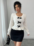 SHEIN Selianne New Arrival Round Neck Long Sleeve Bow Decor Casual Chic Pullover Sweater For Women,Long Sleeve Tops Knit Pullover Fall Winter Outfit