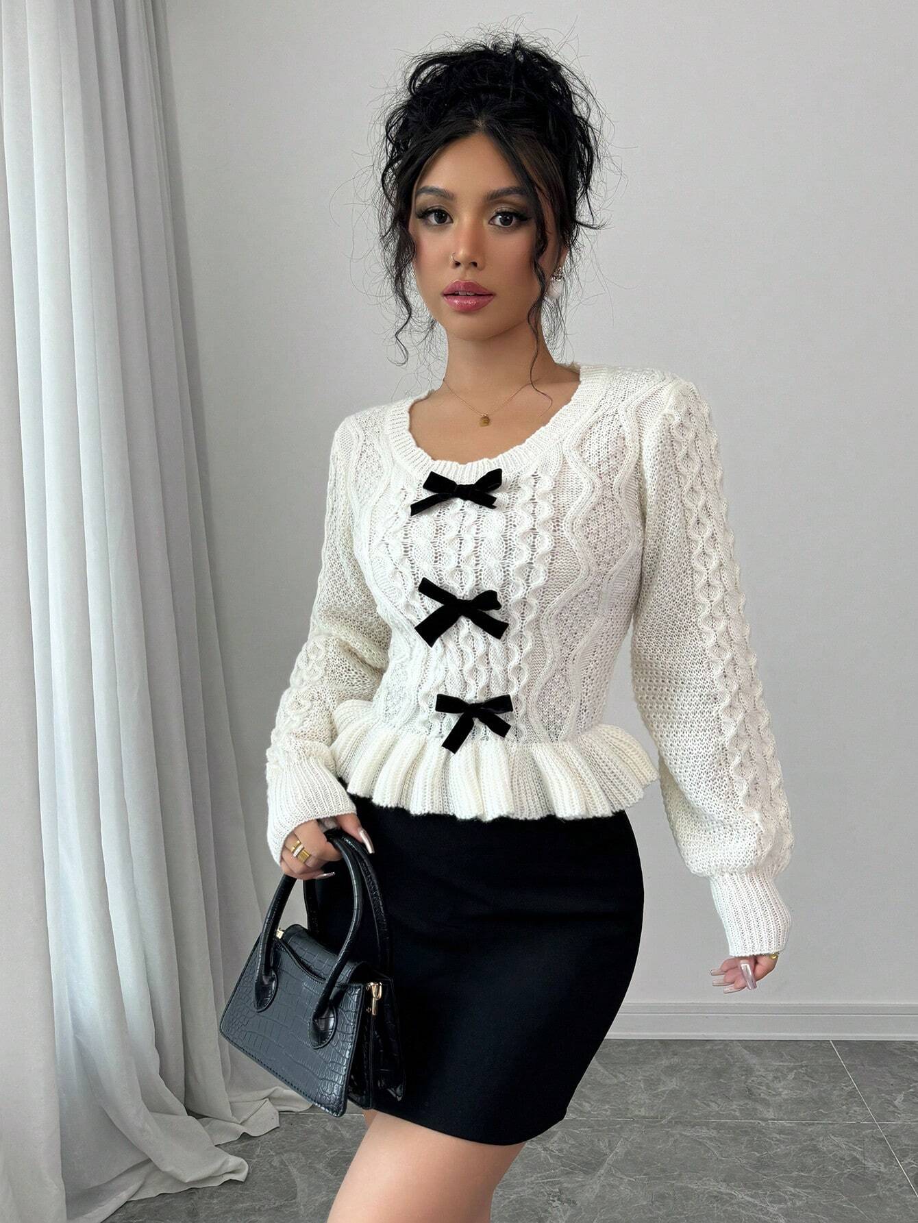 SHEIN Selianne New Arrival Round Neck Long Sleeve Bow Decor Casual Chic Pullover Sweater For Women,Long Sleeve Tops Knit Pullover Fall Winter Outfit