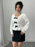 SHEIN Selianne New Arrival Round Neck Long Sleeve Bow Decor Casual Chic Pullover Sweater For Women,Long Sleeve Tops Knit Pullover Fall Winter Outfit