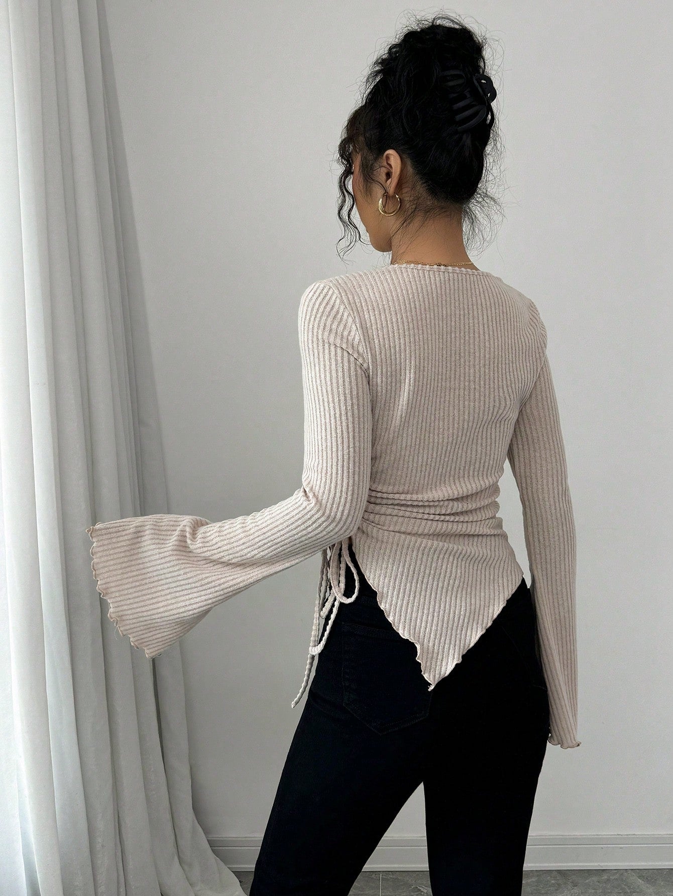 SHEIN Selianne Women's Turtleneck Flare Sleeve Asymmetrical Hem Drawstring T-Shirt, Autumn/Winter Fall Cloth For Women