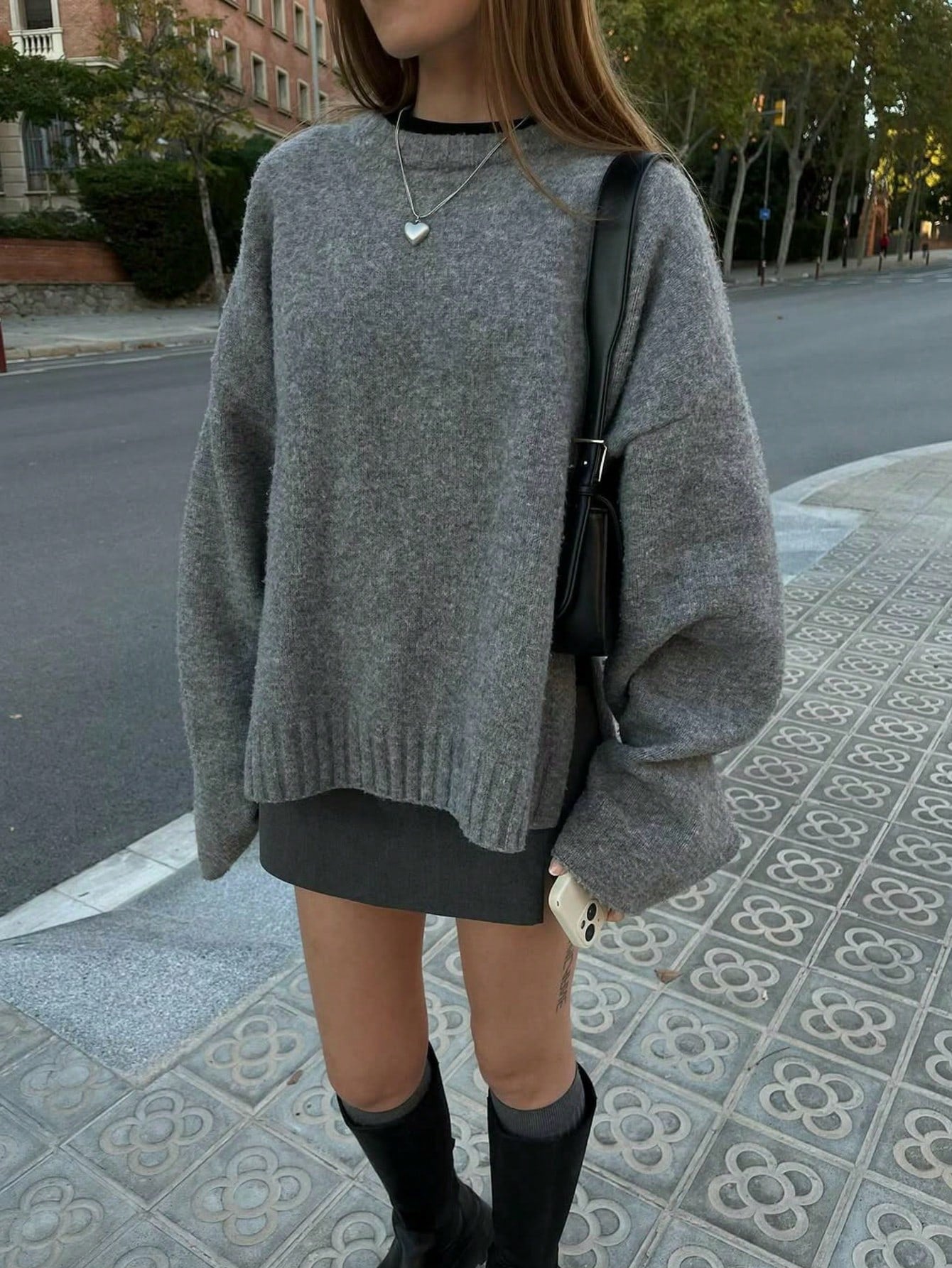 SHEIN Senya Women's Autumn And Winter Dark Grey Crew Neck Long Sleeve Knitted Wool Sweater, Side Slit Straight Sleeve Design Sweater Top, Daily Commuter Versatile Knitted Pullover