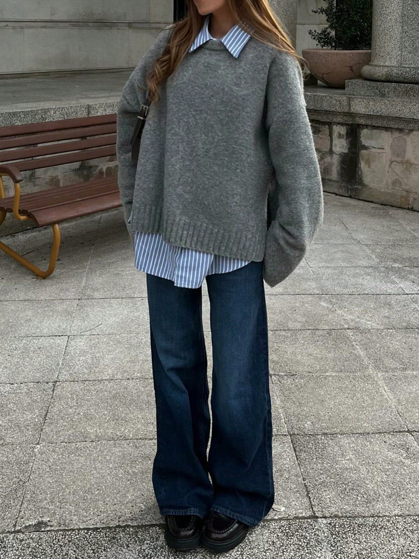 SHEIN Senya Women's Autumn And Winter Dark Grey Crew Neck Long Sleeve Knitted Wool Sweater, Side Slit Straight Sleeve Design Sweater Top, Daily Commuter Versatile Knitted Pullover